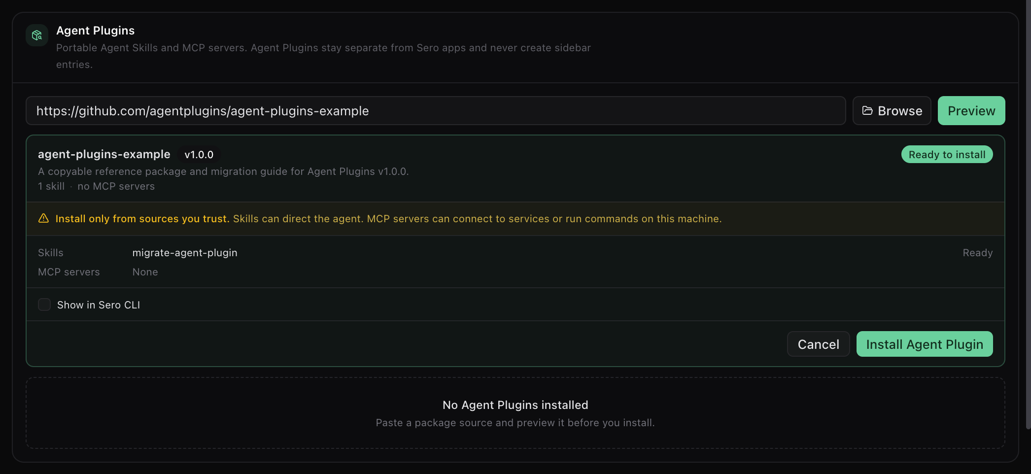 Preview of an Agent Plugin before installation