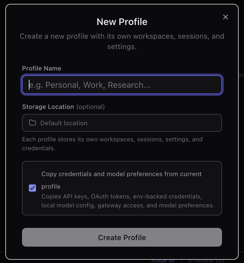 Profile selection dialog