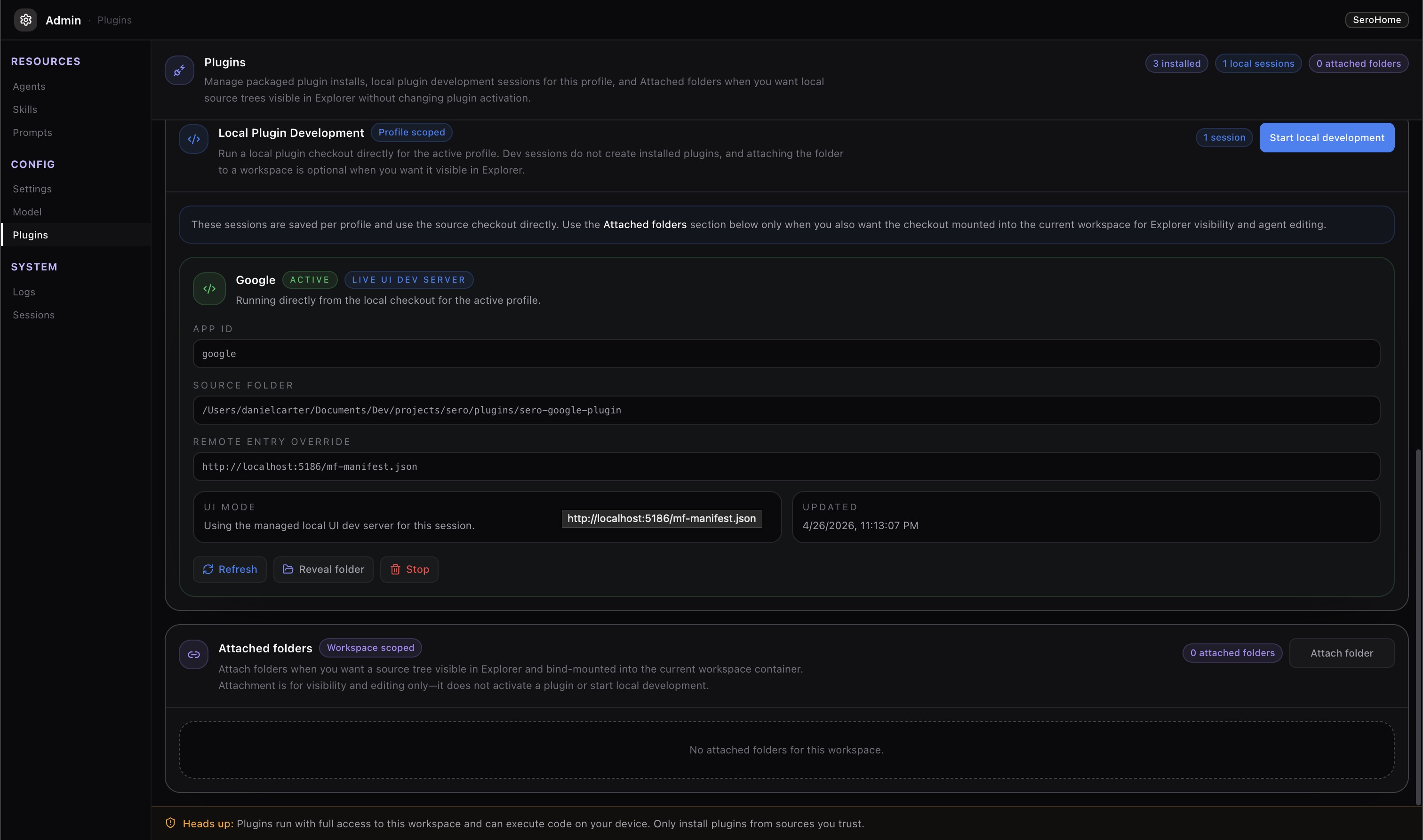 Local plugin development sessions and attached folders